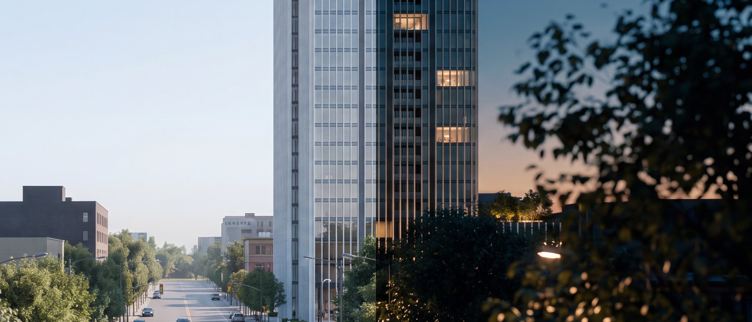 Split architectural comparison showing typical CAD render versus Hai Matrix cinematic dusk film frame