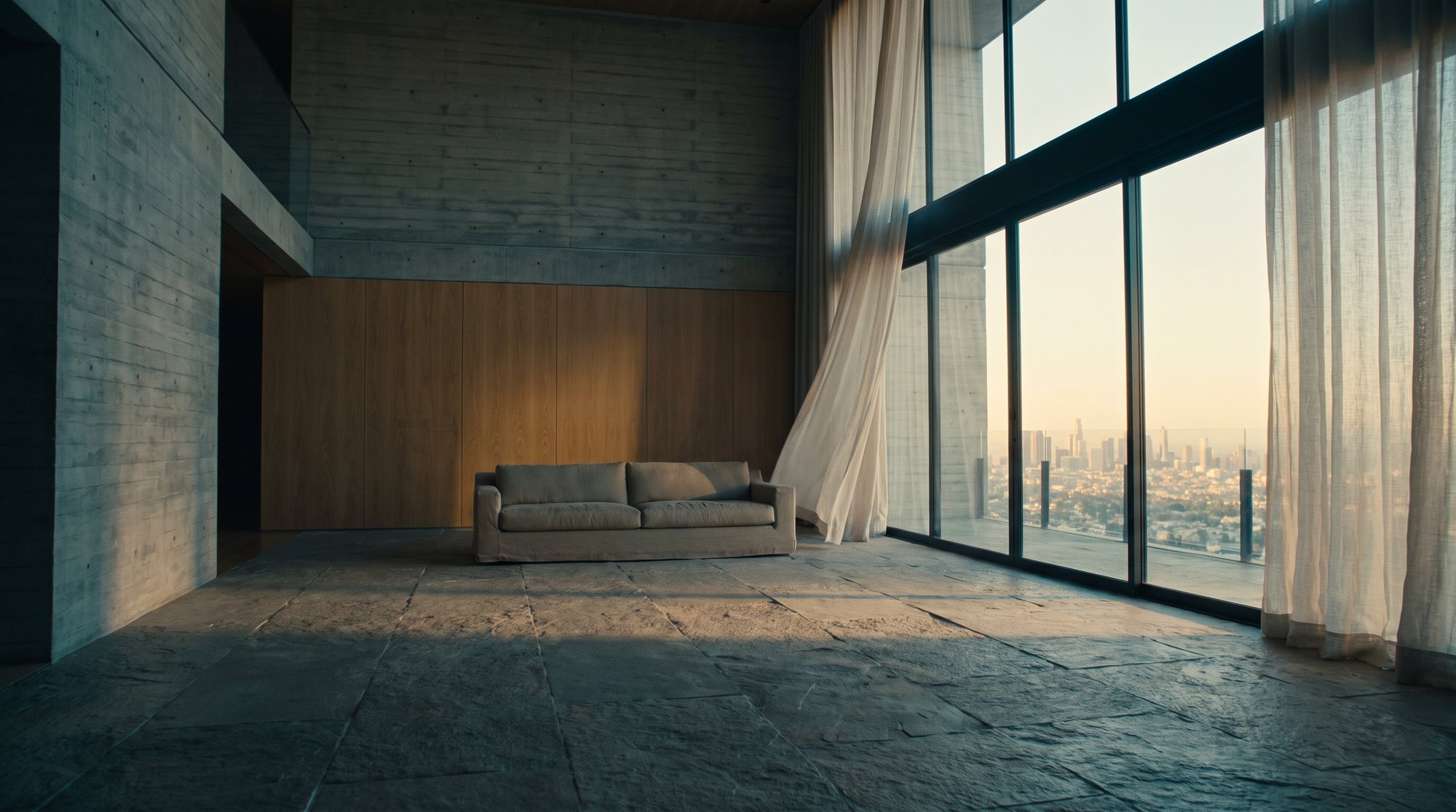 Sunlit architectural living room at golden hour