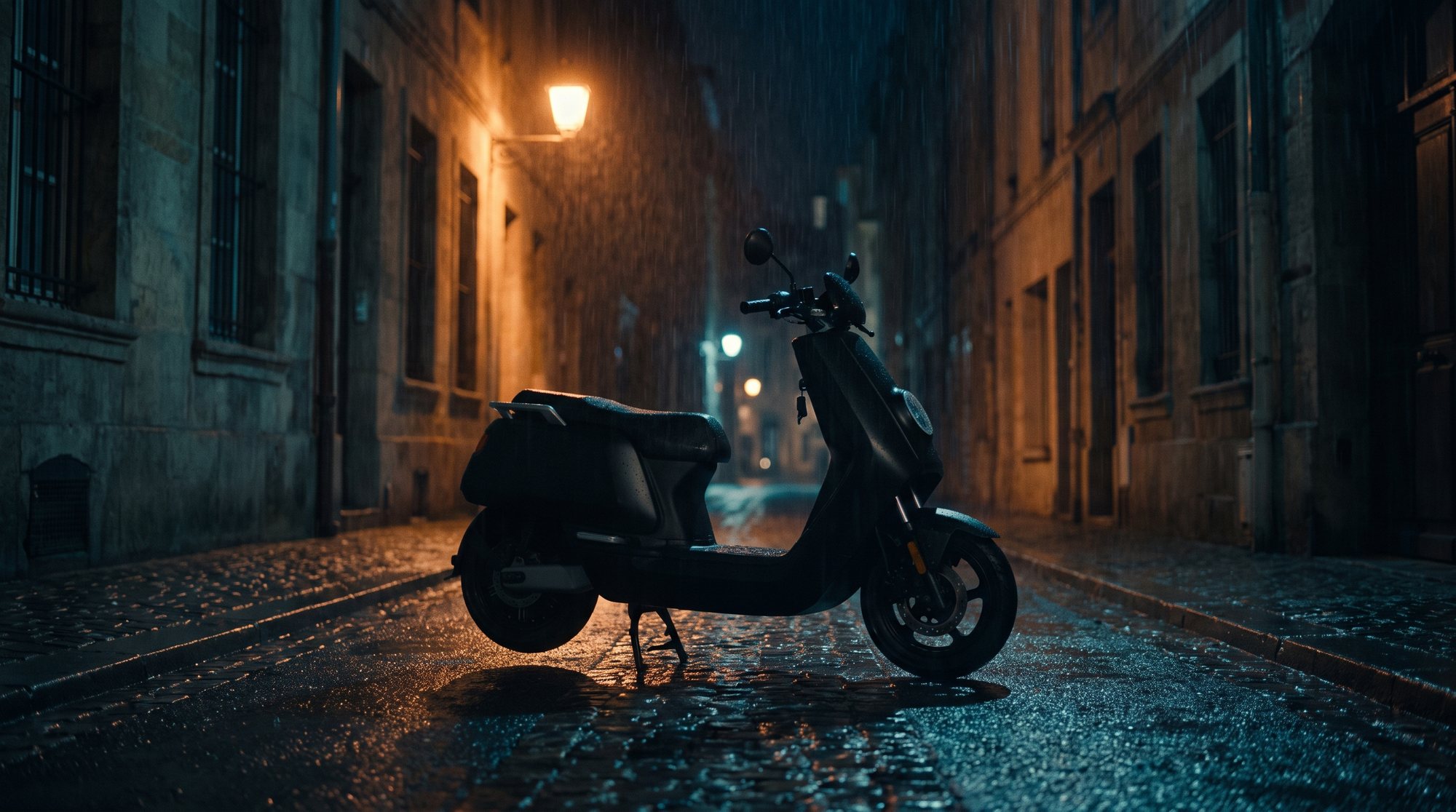 Matte black electric scooter on wet asphalt at night