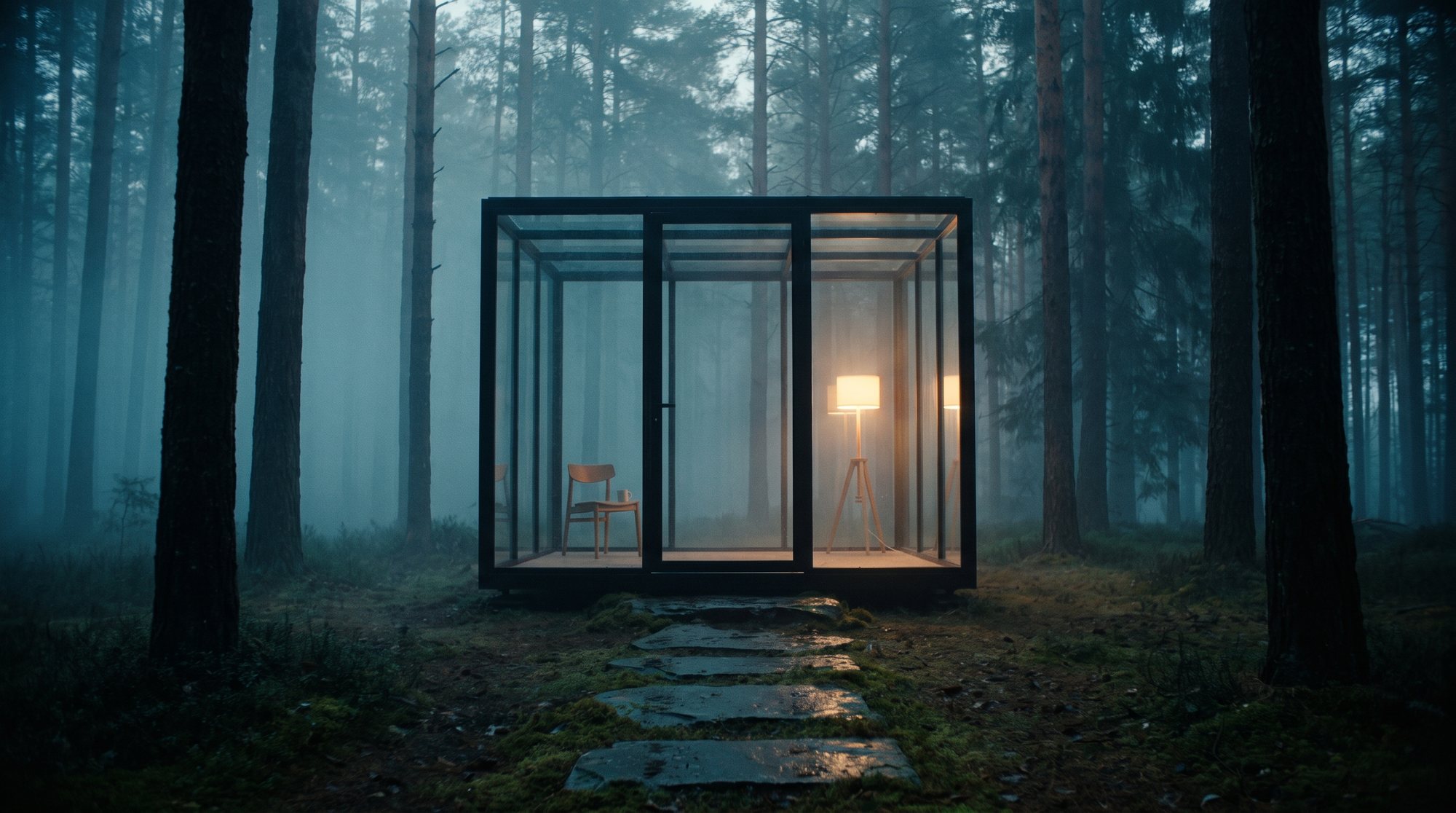 The Glass Pavilion in misty pine forest